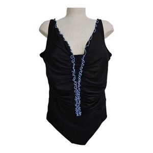 Gottex‎ Womens 22 One Piece Swimsuit Ruched Ruffled Beach Vacation Black